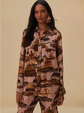 Farm Rio Shuhu Beige Cargo Button Down Shirt, M